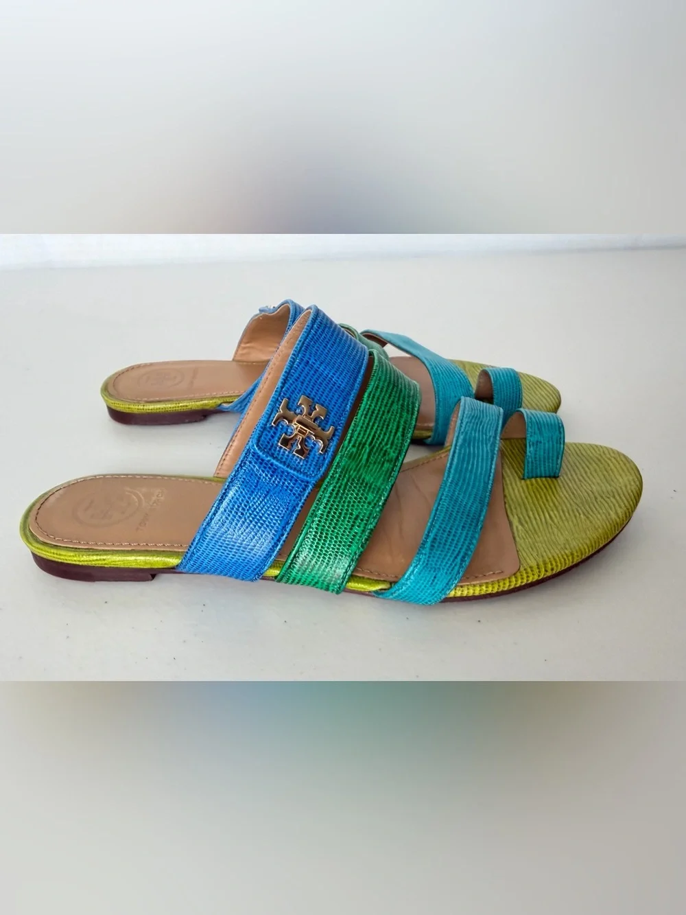 Tory Burch Kira Toe Ring Sandals Blue Green Leather Size 8 M